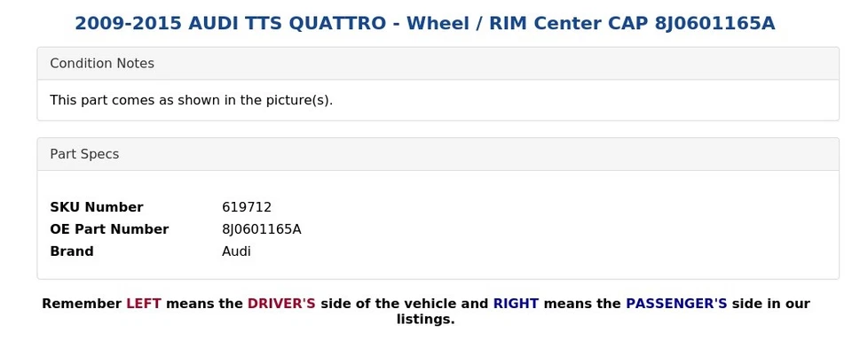 AUDI TTS QUATTRO 2009-2015 - Tapa central rueda/llanta 8J0601165A Foto 4 de 4