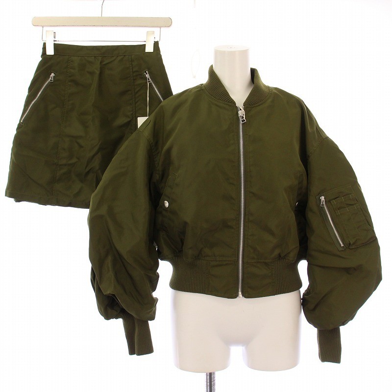 Marmemoon Blouson Jacket & Trapezoid Mini Skirt Set Khaki S-F New
