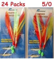 24 Packs size 5/0 Rock Cod Rigs 2 Hooks Red/Yellow Feather Rockfish baits lures