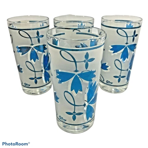 4 Colony Glass Tumblers Satin Blue Flower Leaf Highball Iced Tea Water MCM Vtg