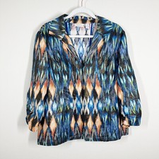Chicos Linen Blend Ruched Sleeve Jacket Size L Ikat Print Blue Metallic Collared