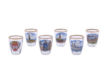 Stamper-Set Hamburg, Souvenir Schnapsgläser, 6-teilig, Shotgläser mit Goldrand