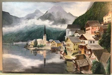 Swiss Village Scene Circa 1980s Oil Painting