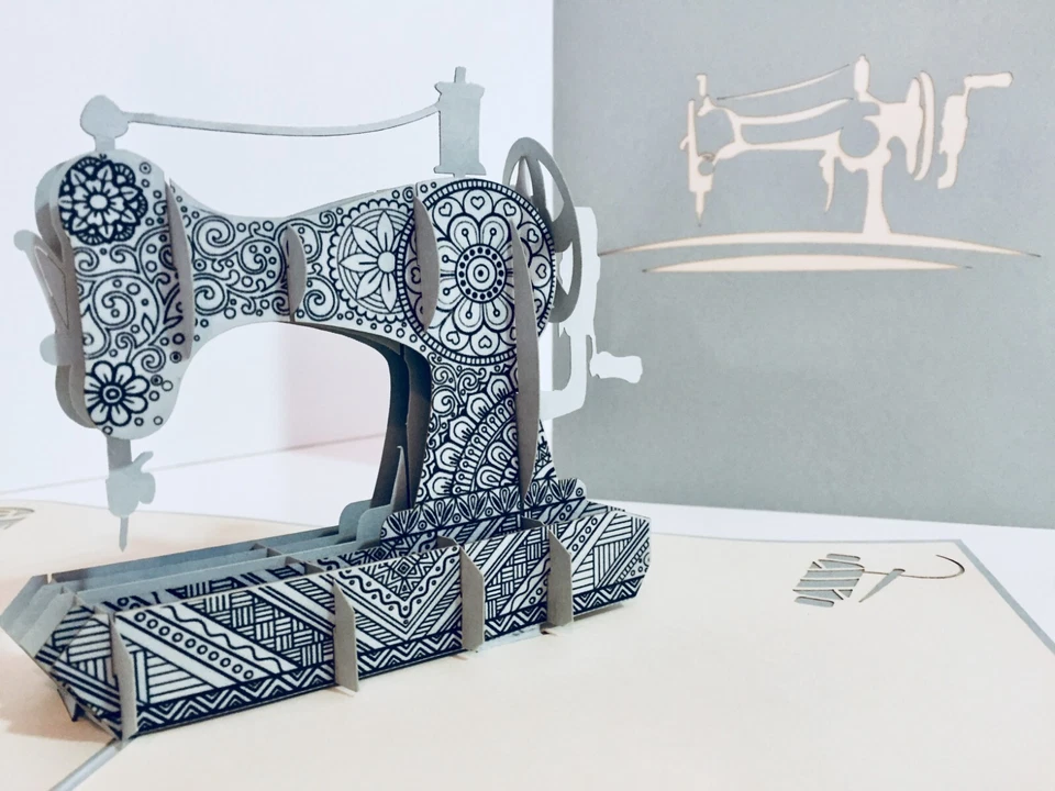 ОРИГАМИ POP CARD Серебряный серый швейная машина 3D всплывающий ручной работы с любовью карта - Изображение 4 из 4