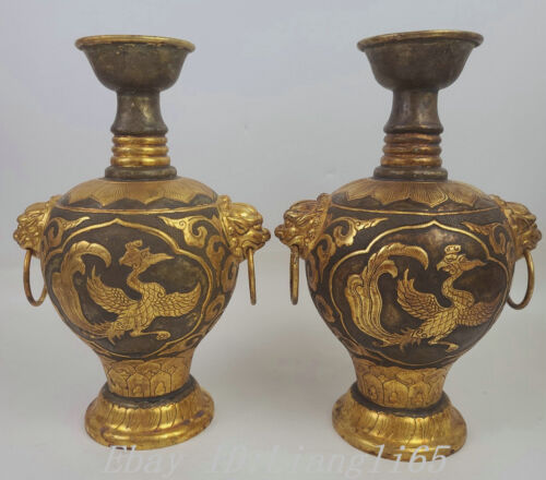 10" Old China Dynastie Kupfer Gold Phönix Löwenkopf Ring Vase Flasche Paar - Afbeelding 1 van 9