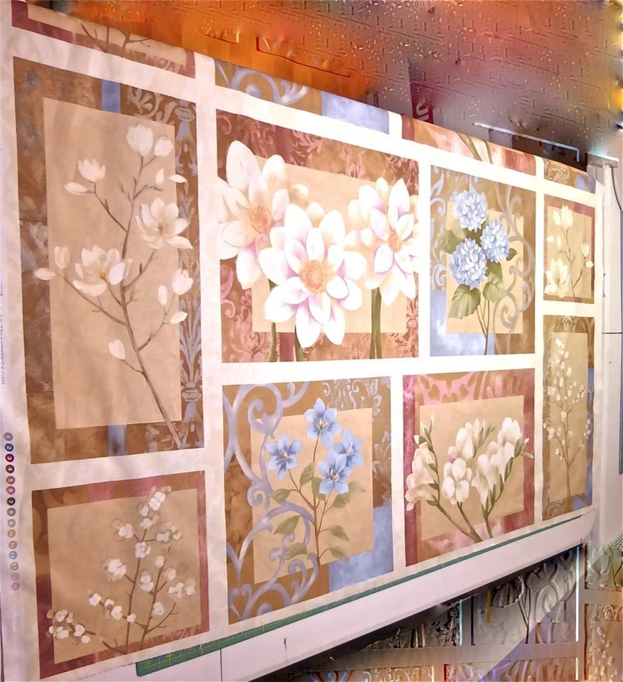 Framed Floral Arrangements Pastel Pink Tan & Ivory, Cotton Fabric, Per Panel - Image 4 of 4