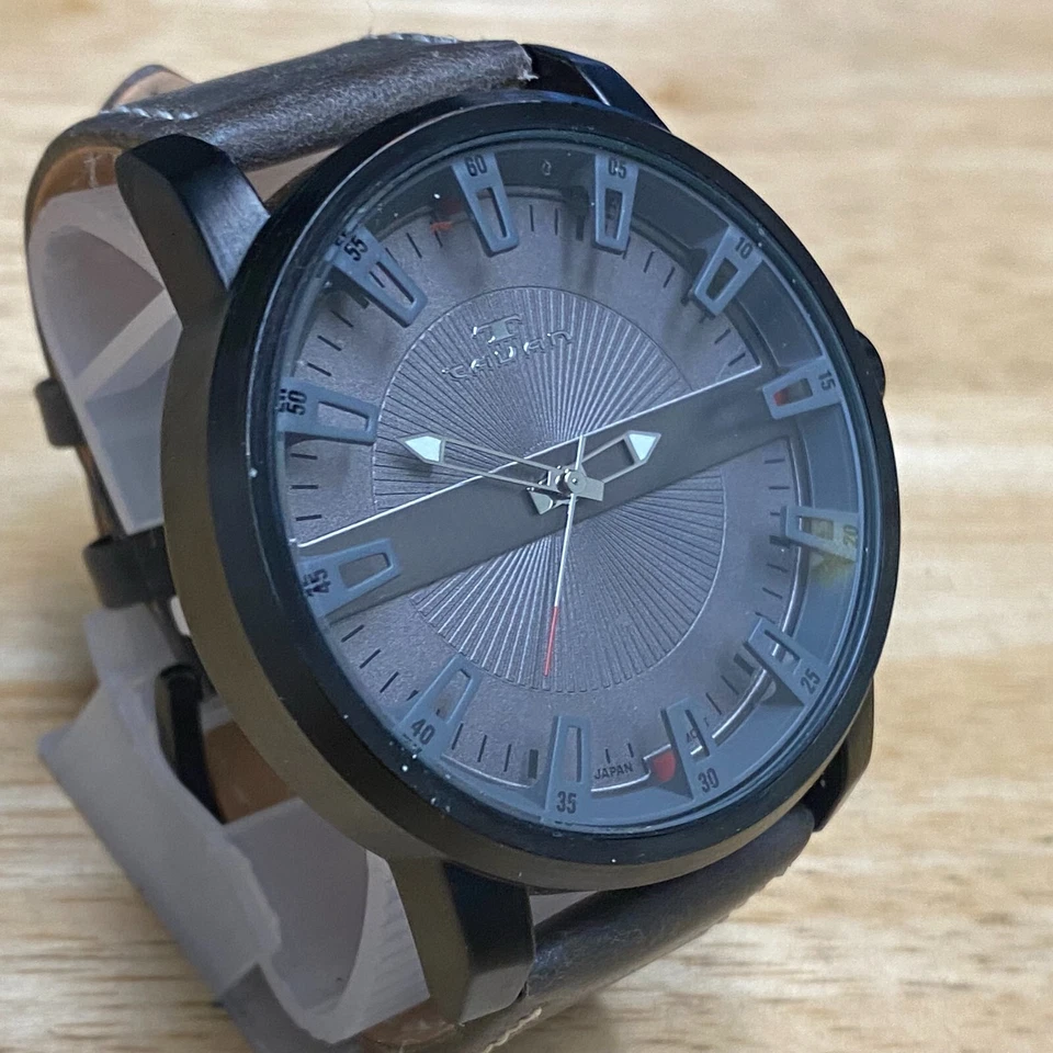 Reloj de cuarzo analógico TAVAN para hombre caja negra banda marrón movimiento Japón ~ batería nueva Foto 3 de 4