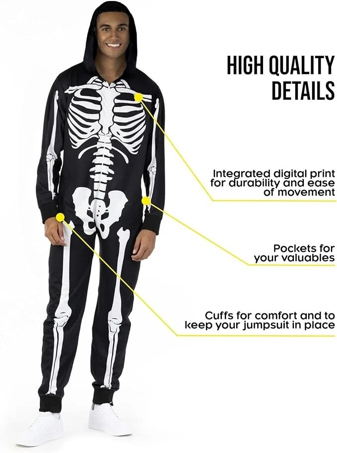 Men`s Skeleton Costume Adult One Piece Halloween Pajama Jumpsuit M - XXL - Image 2 of 4