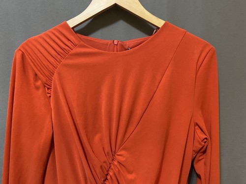 NWOT ZARA Women Long Sleeve Zip Asymmetric Ruched Mini Dress Size XL Orange Red - Picture 2 of 15