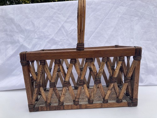 Vtg Rattan Bamboo Mid Century Wicker Tote Carrier Basket Tiki Boho Bentwood - Picture 21 of 24