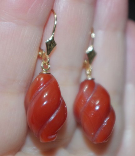 ANTIQUE 14K CARVED CARNELIAN SWIRL LEVERBACK EARRINGS AA - Picture 2 of 10