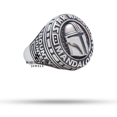 Bague Homme Argent 925 Star Wars Mandalorian - Style Motard Oxydé, Fait Main