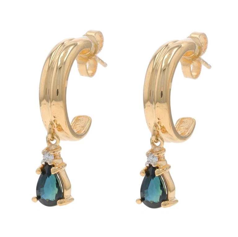 Oro Giallo Zaffiro Diamante Mezzi Cerchi Orecchini - 14k Pera 1.03ctw Pendente - Immagine 2 di 4