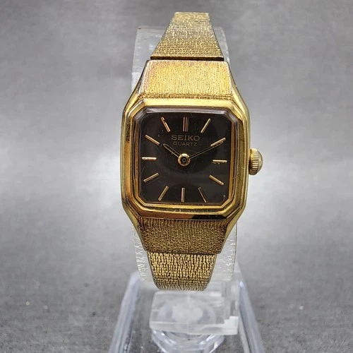 Seiko Tank Watch Women 17mm Brown Dial Gold Tone Rectangle 5420-5019 New Battery