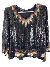 Vintage Black Silk Sequin Evening Blouse Floral Beaded Details Size M