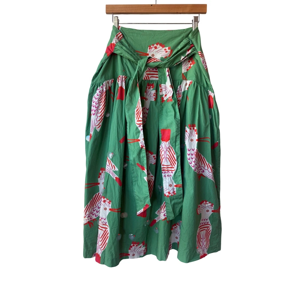 Falda midi Anthropologie Camilla Perkins verde Birdie talla 12 corbata envolvente de pavo real Foto 3 de 4