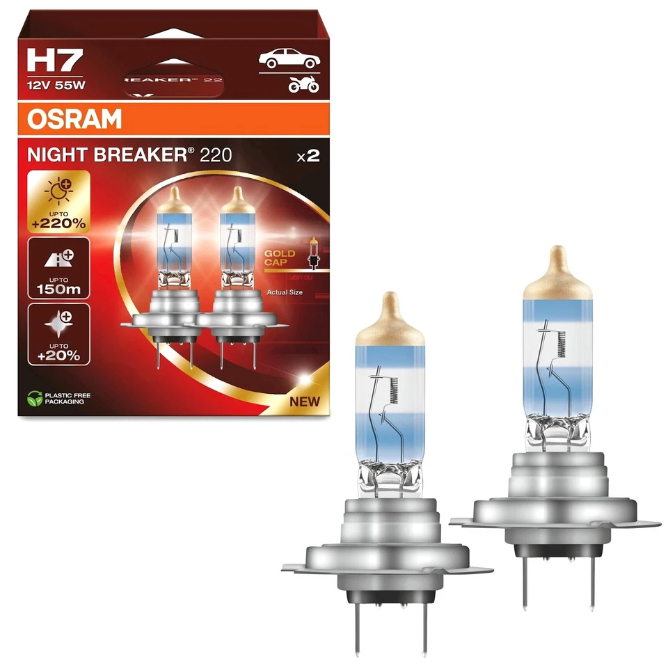 OSRAM NIGHT BREAKER 220 H7 55W Halogen Scheinwerferlampe 12V +220% 2er Set