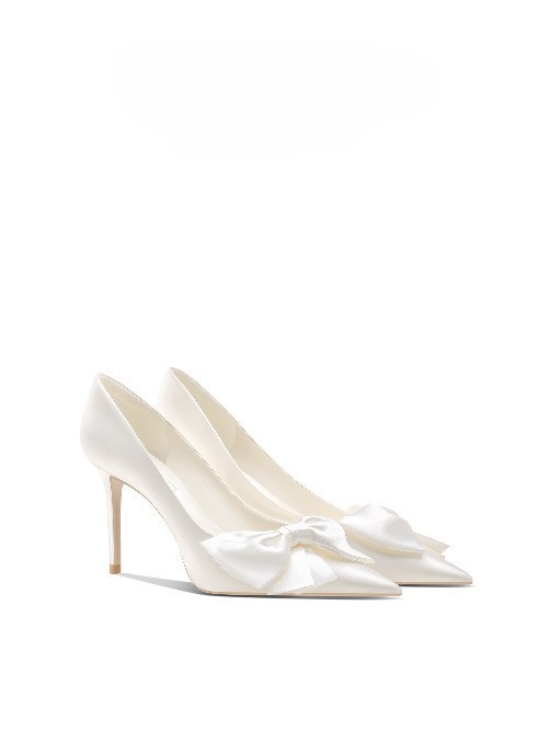 Wedding Shoes Women's White High Heels Bow Bride Single Shoes