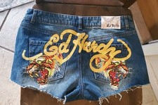 Ed Hardy Blue Denim Shorts Double Tiger Print Cut Off Graphic Women's size L