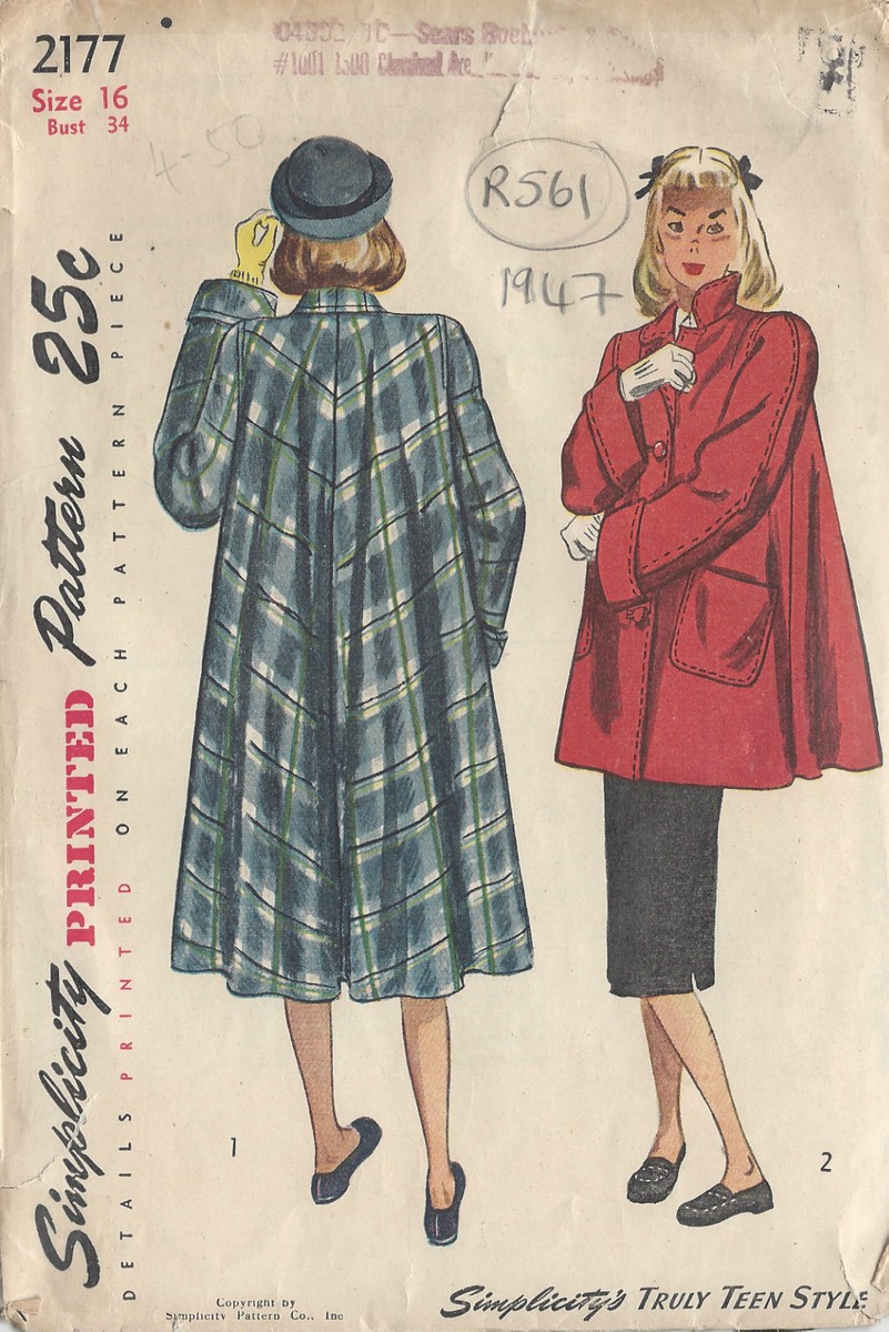 Patron Vintage Manteau Années 1940 Simplicity - Taille B34, Motif Couture, Neuf