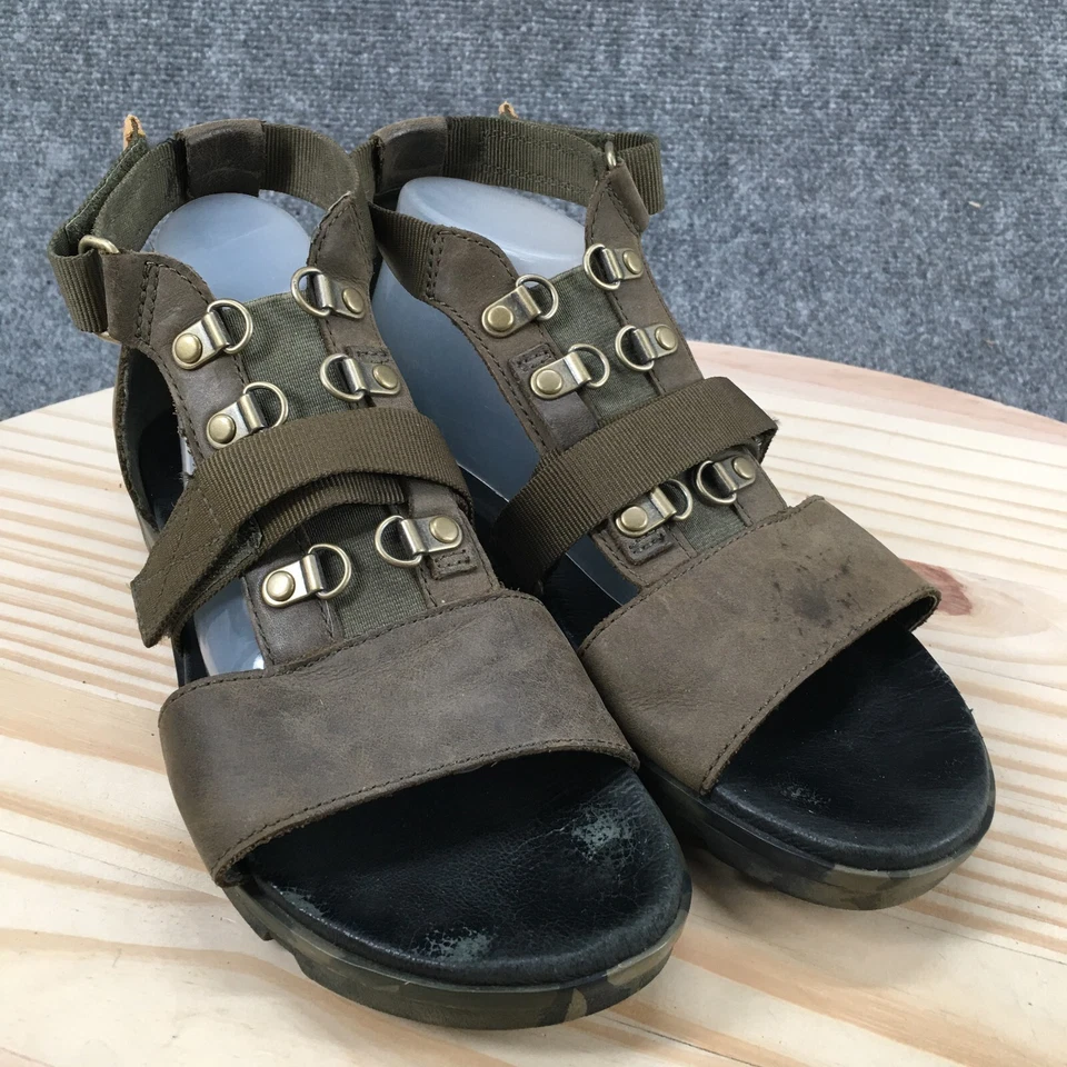 Sandalias Sorel para mujer 8,5 suela camuflada tiras cuña plataforma confort cuero verde Foto 3 de 4