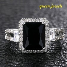 Lab-Created 3CT Emerald Cut Black Onyx Engagement Halo Ring 14K White Gold Over