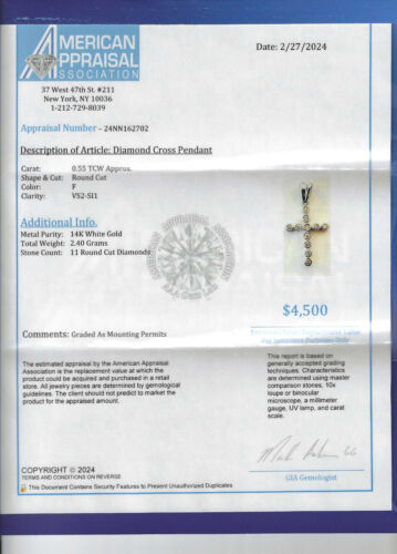 14K White Gold Diamond Cross Pendant Diamond=.55 Carat F-SI1/VS2 Value=$4,500 - Picture 9 of 9