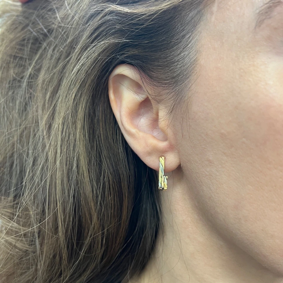 Vintage Tri-Color Square Hoop Earrings 18K Yellow Rose White Gold, 2.81 Grams - Image 3 of 4