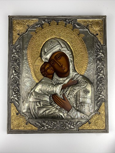 Ikone handgefertigt auf Holz Mutter Gottes Madonna Maria Jesus Kind Oklad - Bild 2 von 8