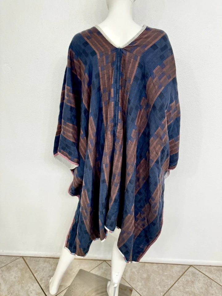Linen Jacquard Caftan In Blue + Brick Reversible To White W Blue Cotton OOAK 1Sz - Image 2 of 4