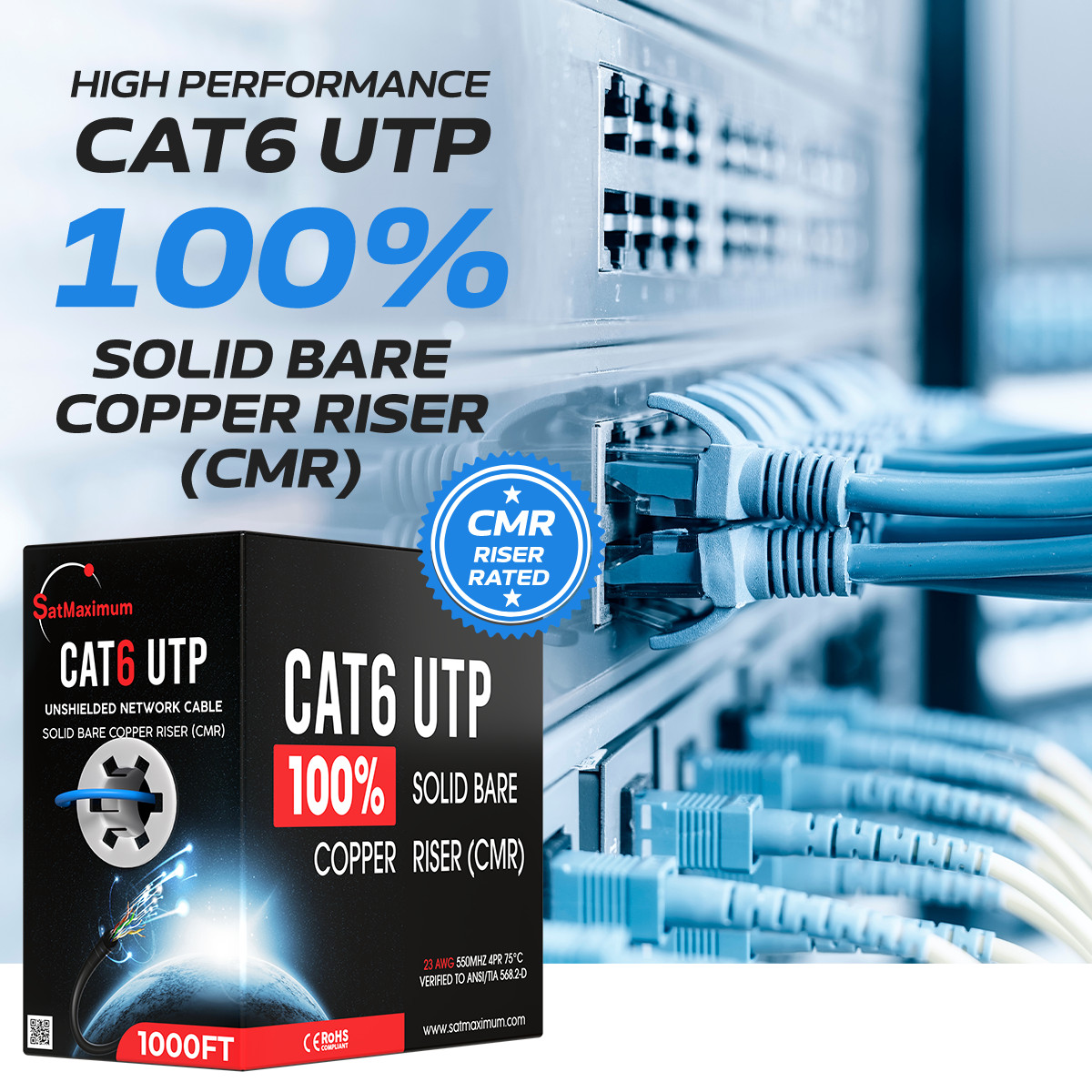 1000FT CAT6 ETL Ethernet Cable CMR  23AWG 550Mhz UTP Solid Copper Wire White