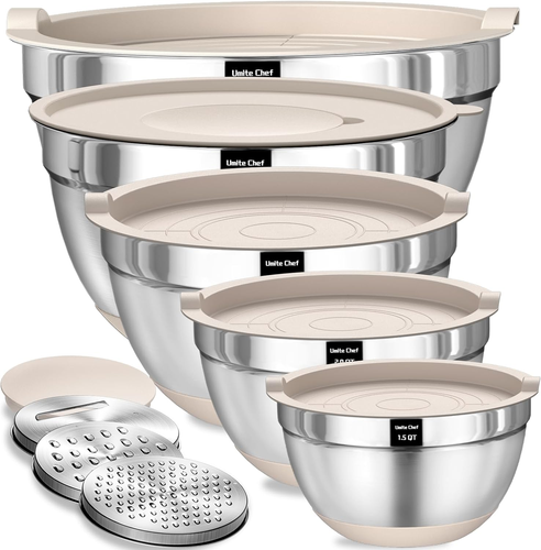 Mixing Bowls with Airtight Lids Set, 8PCS Stainless Steel Khaki Nesting Bowls wi