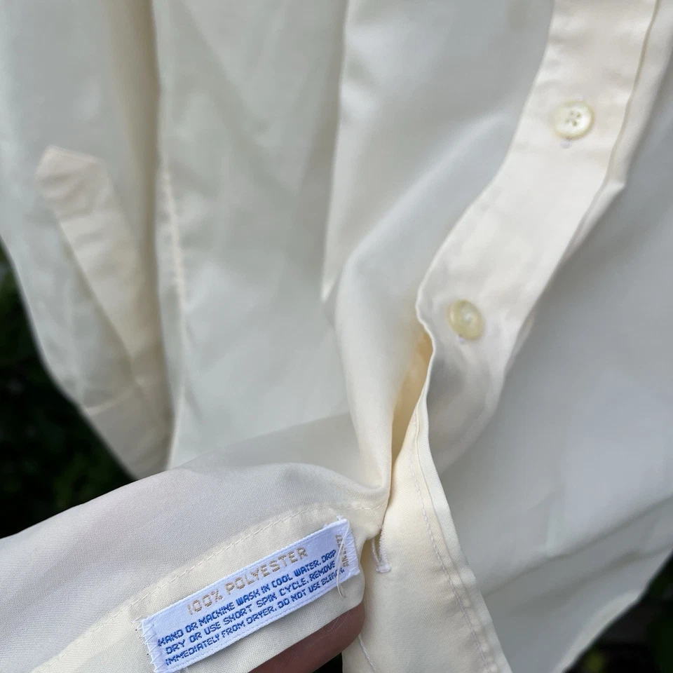 Vintage 60s 70s Disco Polyester Rayon Hippie Shirt Sz M Ivory Shiny MOD  - Image 4 of 4