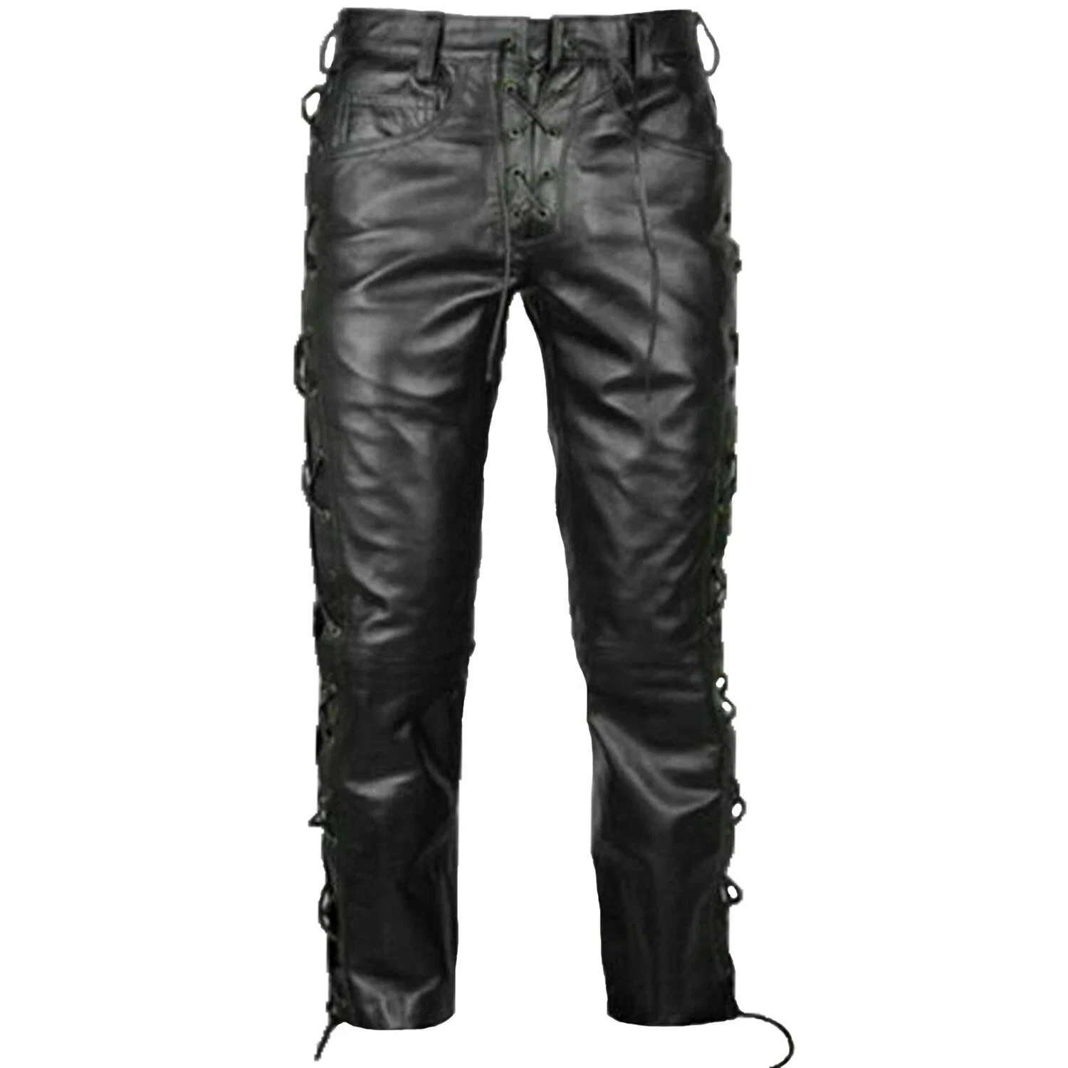 Mens Genuine Black Leather Pants Leather Biker Laces Trouser Jeans Breeches BLUF