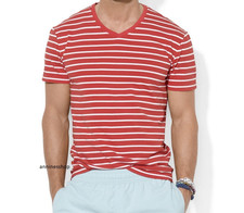 Polo RALPH LAUREN men Red White T Shirt Size L V neck Short Sleeve Pony New