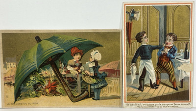 French Victorian Trade Card Big Umbrella Cafe Waiter Chicoree Textiles Lot 2