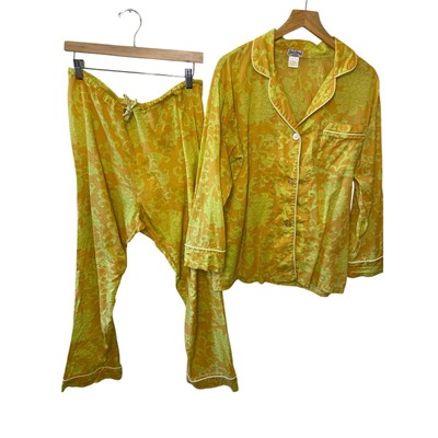 Bed Head Fine Cotton Yellow Printed Long Sleeve Top & Pant Pajama Set Medium 