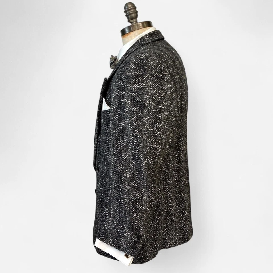 80s Vintage Atomic Fleck Salt & Pepper Wool Men's Suit Coat Size 46 Union Made - Image 3 of 4