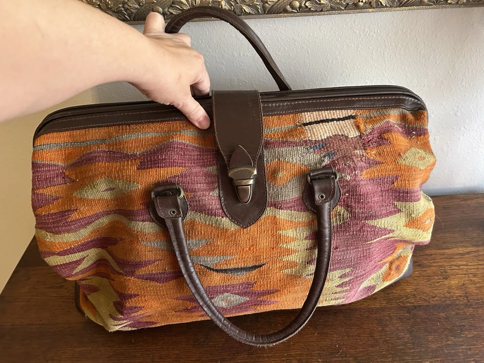 Turkish Kilim Wool Leather Weeken Duffel Travel Carpet Bag  - Image 3 of 4