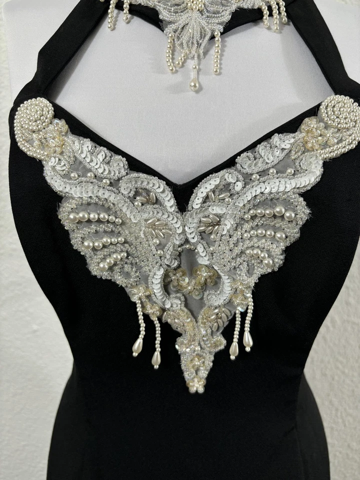 Vintage Formal Dress Womens Large Black Halter Beaded Choker Evening Gown Y2K - Image 4 of 4