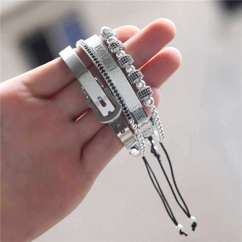 Juego de 4 pulseras brazaletes de lujo de acero inoxidable para hombre de circonita cúbica real romana Foto 3 de 4