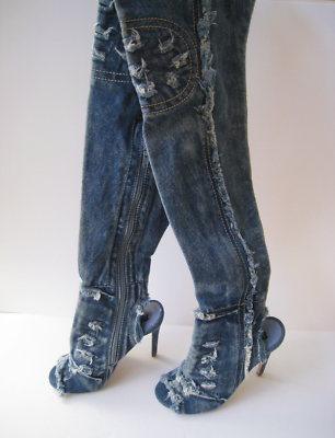 PAZZLE BLUE DENIM OVER THE KNEE THIGH HIGH STILETTO ZIP