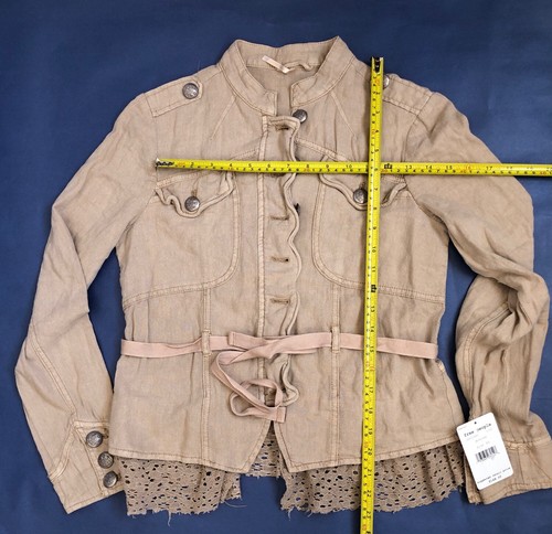 free people Woman Linen cropped Jacket XS Khaki Laced-Trim Button Belted $148 - Picture 9 of 11