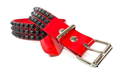 Red Punk Stud Belt – Vegan Leather, 3 Row Pyramid Studs, Snap Buckle | USA Made (XL)