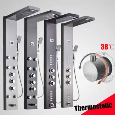 LANTEHOME Thermostatic Shower Panel Tower Rainfall Shower Massage Stainless Steel System