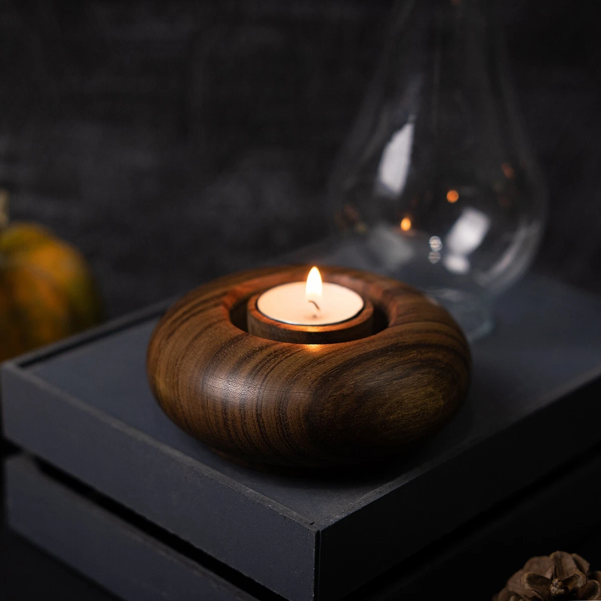 Wooden Tea Light Candle Holder with glass chimney Oil Lamp Design Candlestick