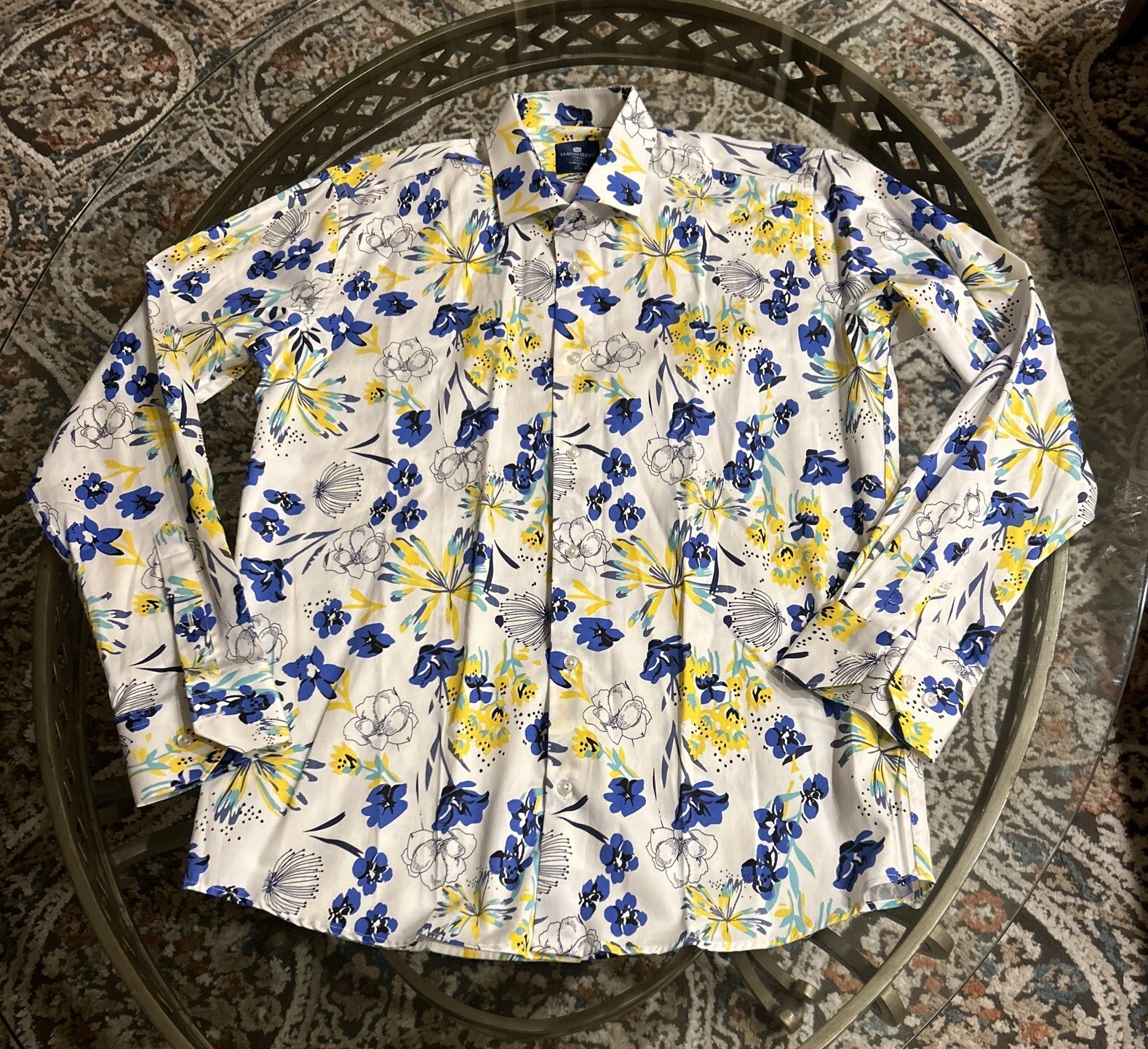 YG Ylatino Gianni Blue & Yellow Floral Printed Shirt Size 39-40 Men’s