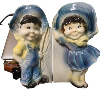 Vintage Royal Copley Set Of 2 Ceramic Boy W/Fishing Rod & Girl Wall Pockets