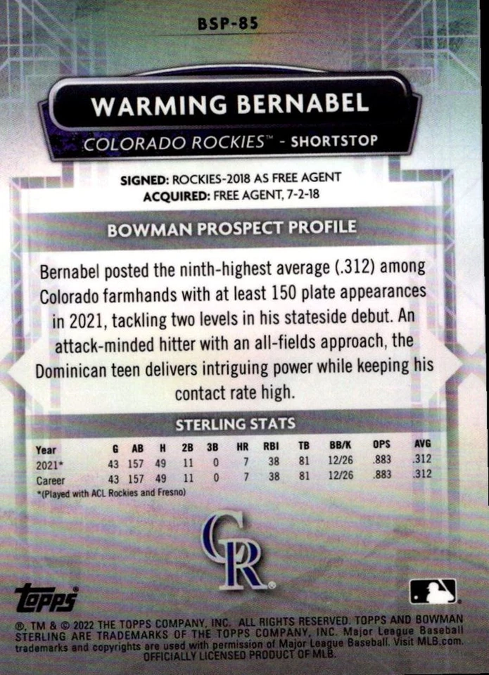2022 Bowman Sterling Warming Bernabel Colorado Rockies #BSP-85 - Image 2 of 2