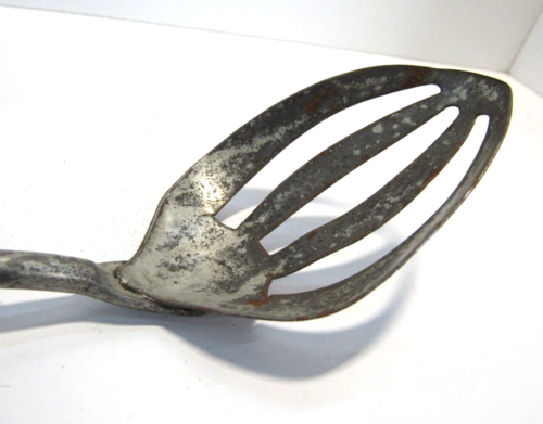 12" Vintage Steel Slotted Spoon w/ Wood Handle - Picture 2 of 11